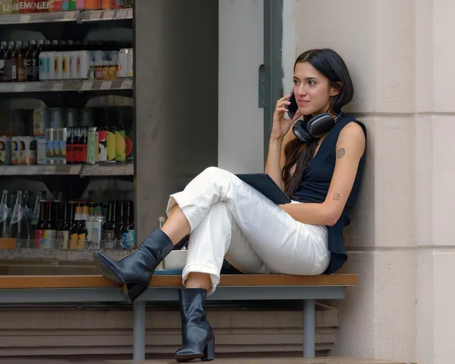 girl, teenager, casual, boots, sitting, bench, leaning, wall, terrace, shop, outdoor, talking, relaxation, phone, earphones, lifestyle. Free social media schedulers for UK small businesses: are they enough?