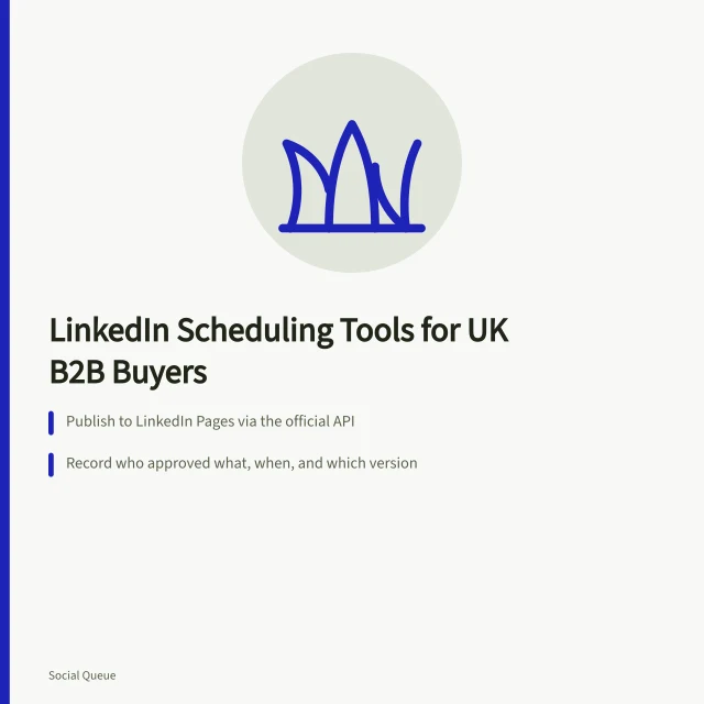Card comparing LinkedIn scheduling tools for UK B2B teams and approval rules. LinkedIn scheduling tools for UK B2B teams: a buyer's guide