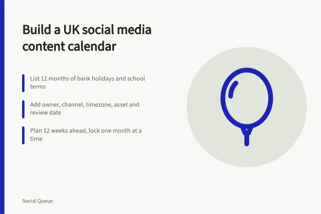 UK content calendar card with bank holidays, owners and review dates. Social media content calendar template UK: how to build one