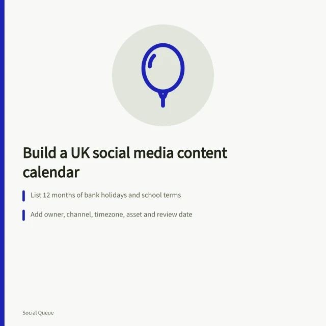 UK content calendar card with bank holidays, owners and review dates. Social media content calendar template UK: how to build one