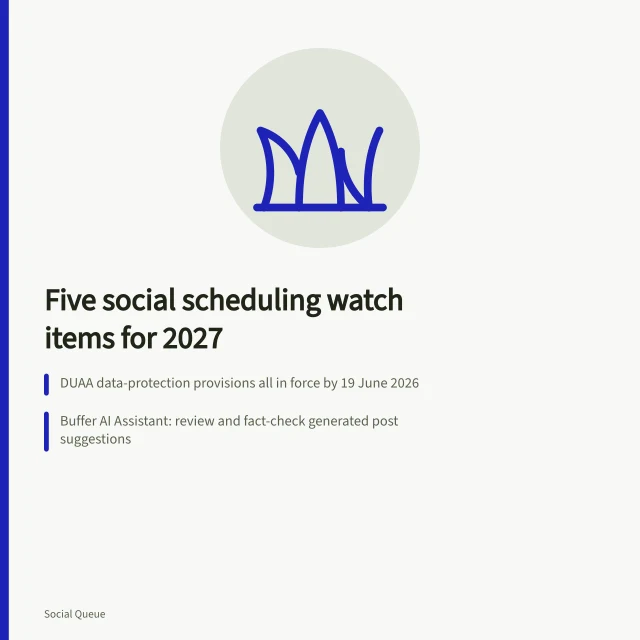 Card listing five 2027 social scheduling watch items with dated sources. Five social scheduling watch items for 2027, with dated sources and no invented ranking