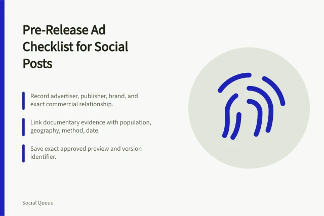 Checklist for verifying social media ads before publishing. A pre-release advertising checklist for scheduled social posts, down to the final impression