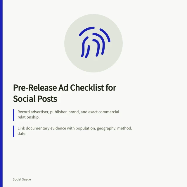 Checklist for verifying social media ads before publishing. A pre-release advertising checklist for scheduled social posts, down to the final impression