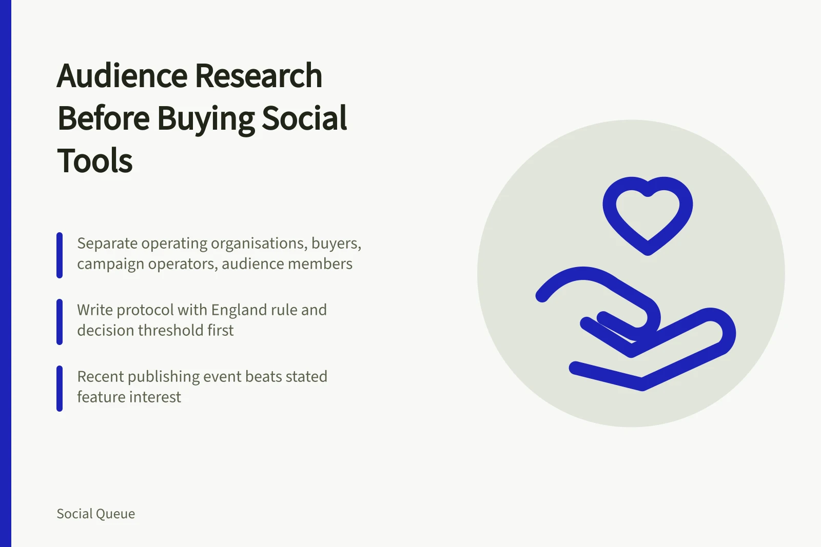 Card outlining audience research steps before choosing social scheduling tools