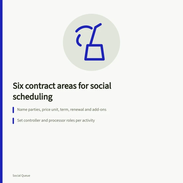 Card listing six social scheduling contract areas from price unit to exit. Six social scheduling contract areas, from price unit to suspension and exit