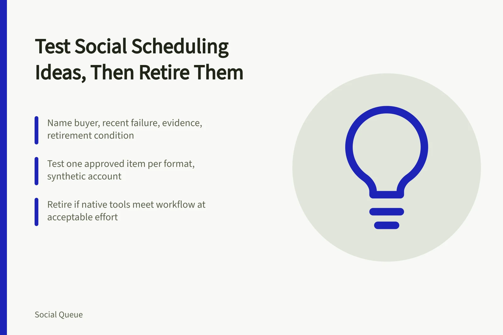 Card outlining testable social scheduling buyer problems and retirement rules