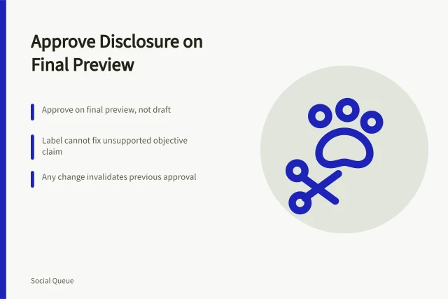 Checklist card for approving social scheduling disclosure on final preview. A social scheduling disclosure procedure approved on the preview, not the draft