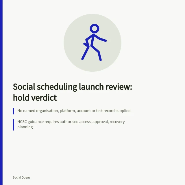 Card: social scheduling launch review ends in hold for missing evidence. A social scheduling launch review that ends in a hold, with the proof needed to reconsider