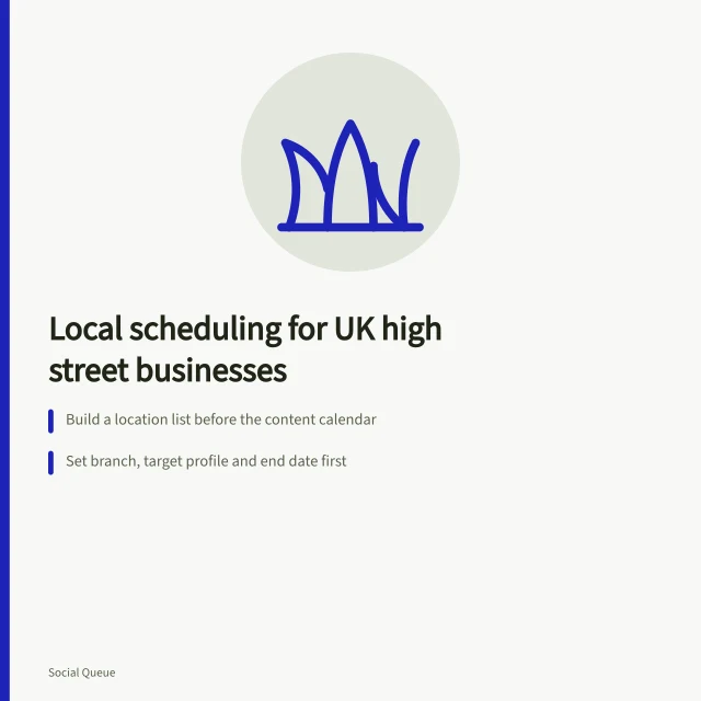 Card on local social media scheduling for UK high street businesses. Social media scheduling for local businesses UK needs a local approach