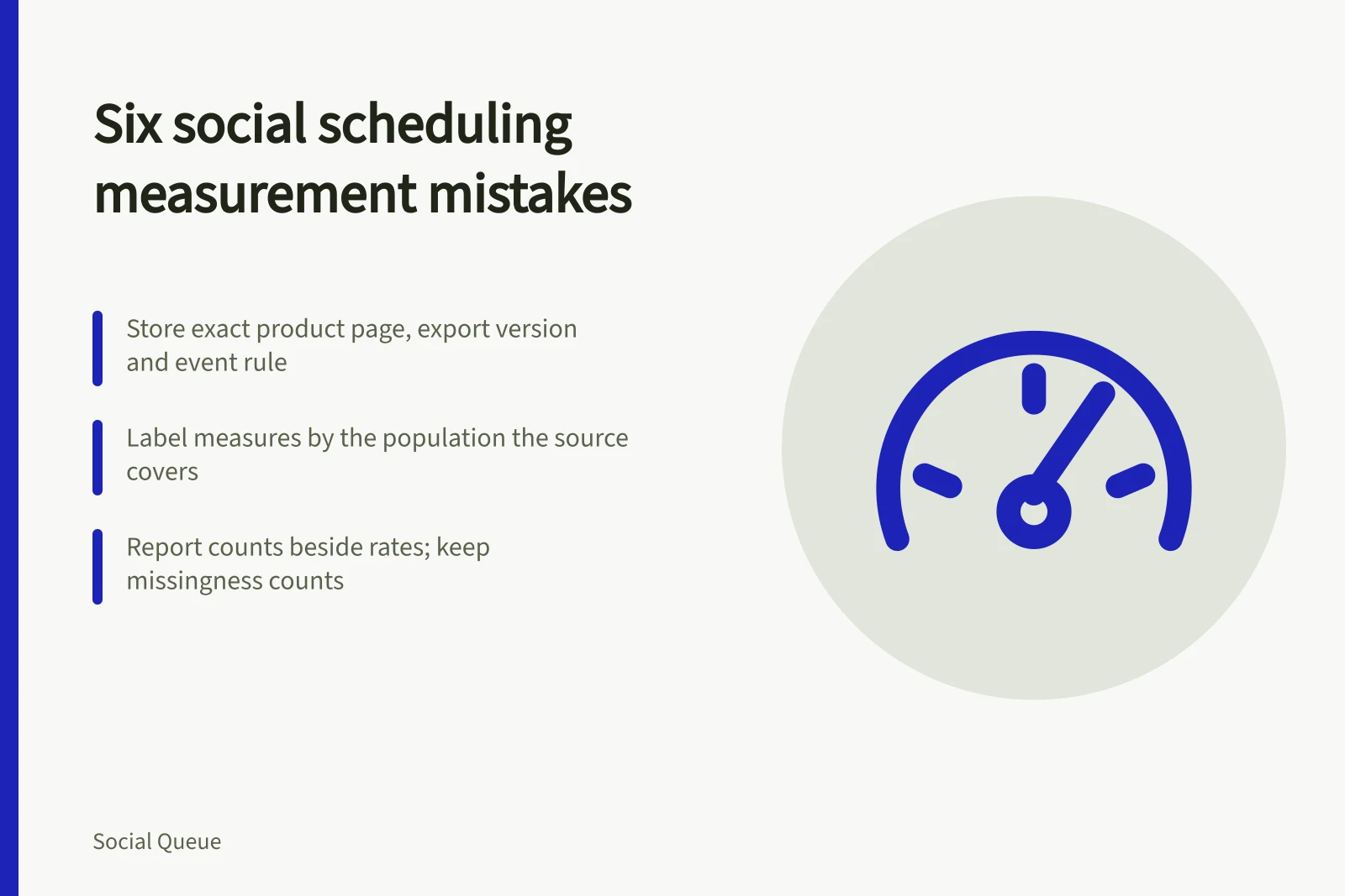Card listing six social scheduling measurement mistakes and evidence-based fixes