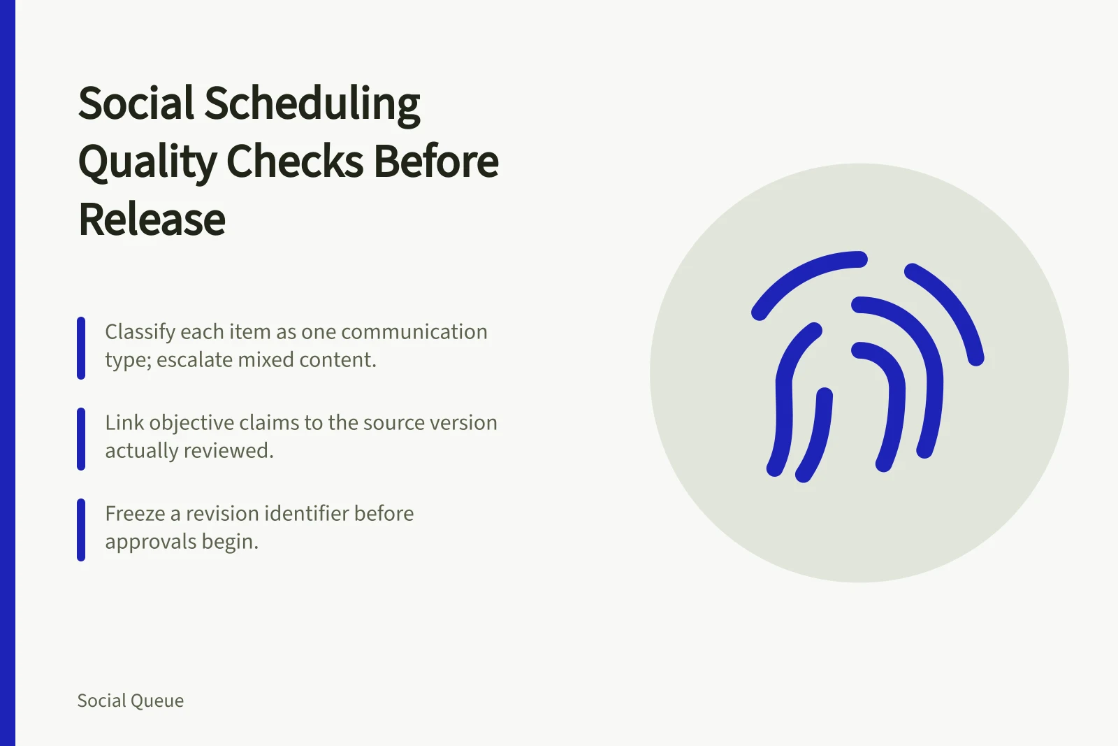 Checklist card for social scheduling quality checks before post release