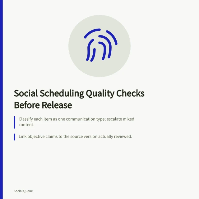 Checklist card for social scheduling quality checks before post release. The social scheduling quality checks to pass before a post is released
