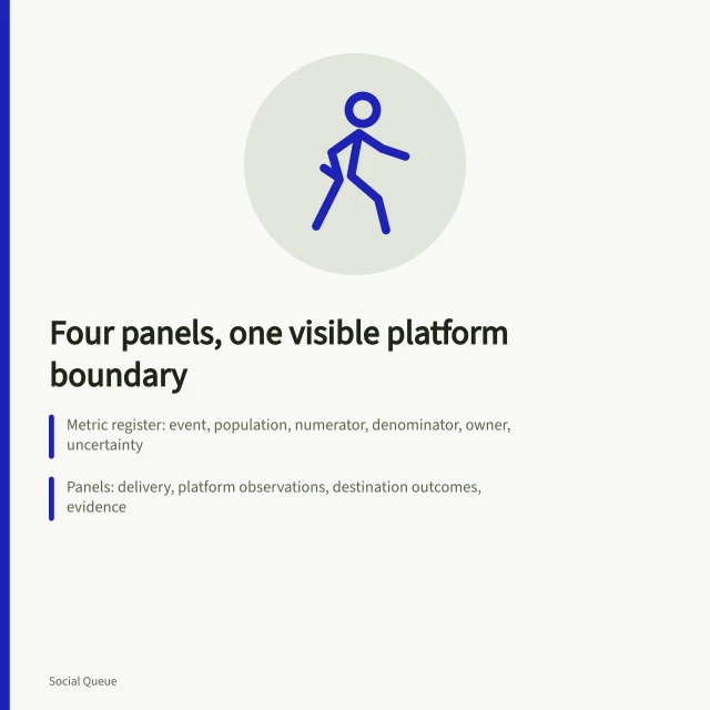 Card showing four dashboard panels and a metric register for social scheduling. A four-panel social scheduling dashboard that keeps the platform boundary visible