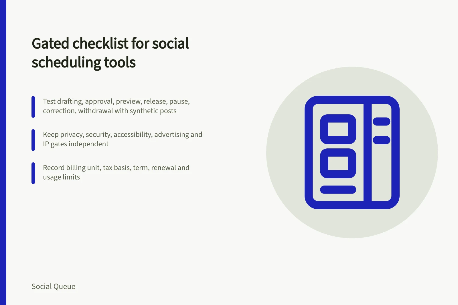 Checklist card for gated social scheduling tool selection