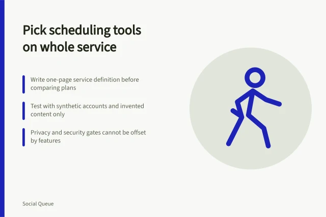 Card on choosing social scheduling tools by full service, not headline plan. Social scheduling tools chosen on the whole service rather than the headline plan