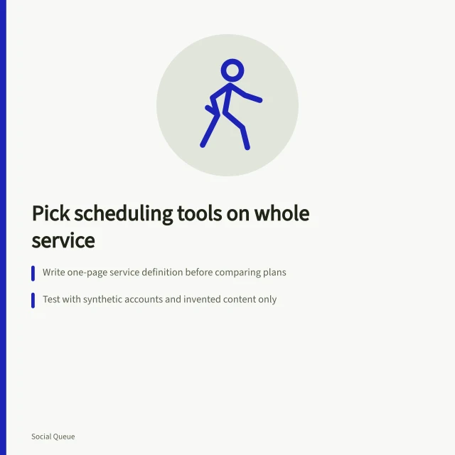 Card on choosing social scheduling tools by full service, not headline plan. Social scheduling tools chosen on the whole service rather than the headline plan