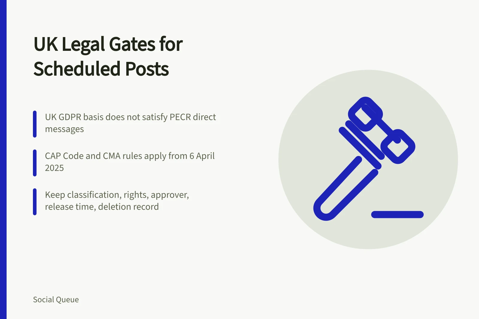 Card listing UK legal checks for scheduled social media posts
