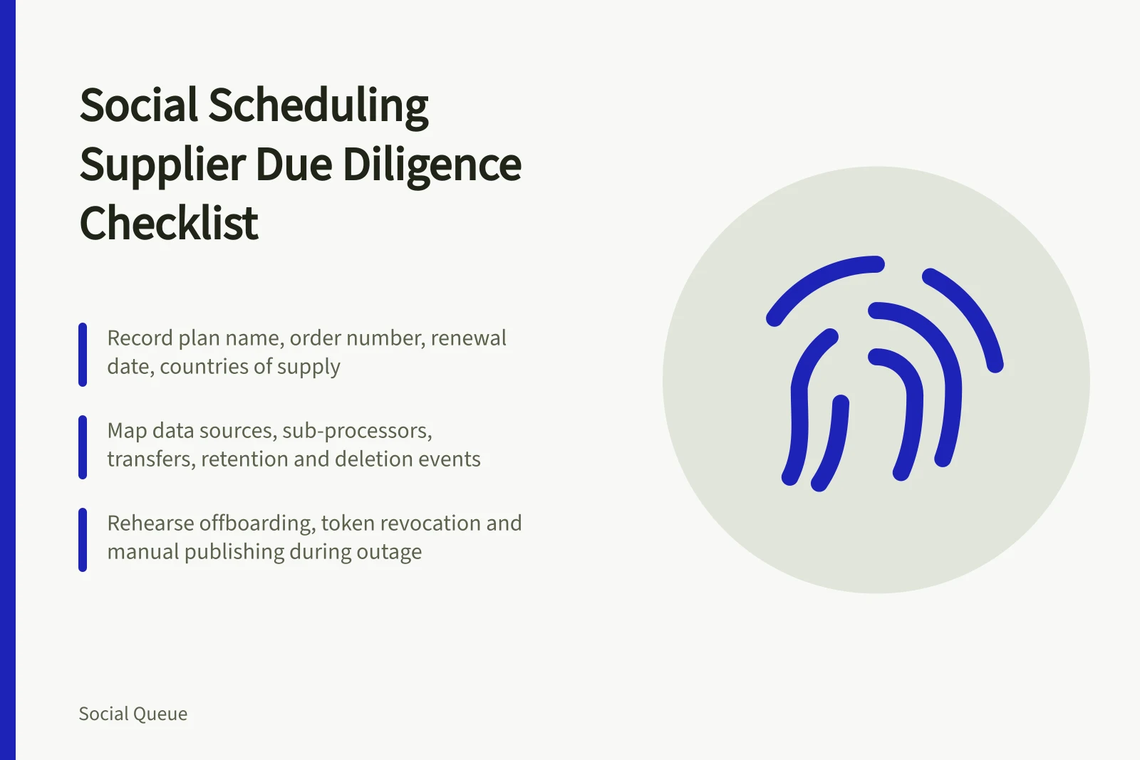 Checklist card for social scheduling supplier due diligence and exit planning