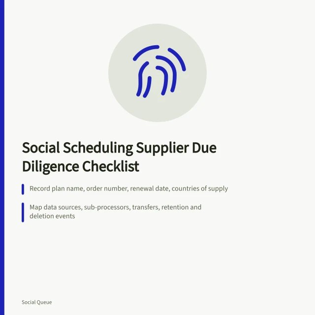 Checklist card for social scheduling supplier due diligence and exit planning. Social scheduling supplier due diligence, from plan identity to public procurement and exit