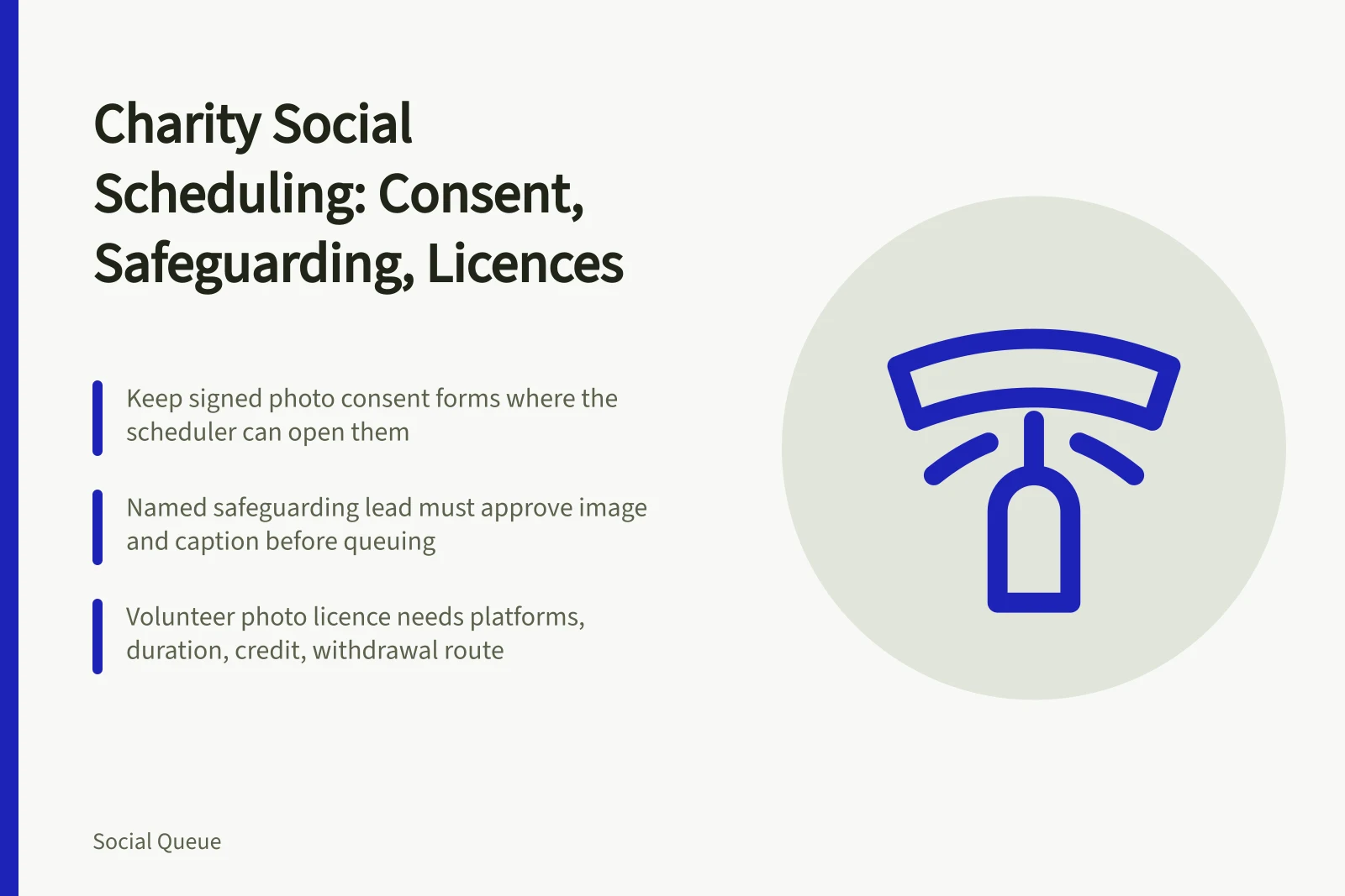 Card on charity social scheduling consent, safeguarding checks and volunteer licences