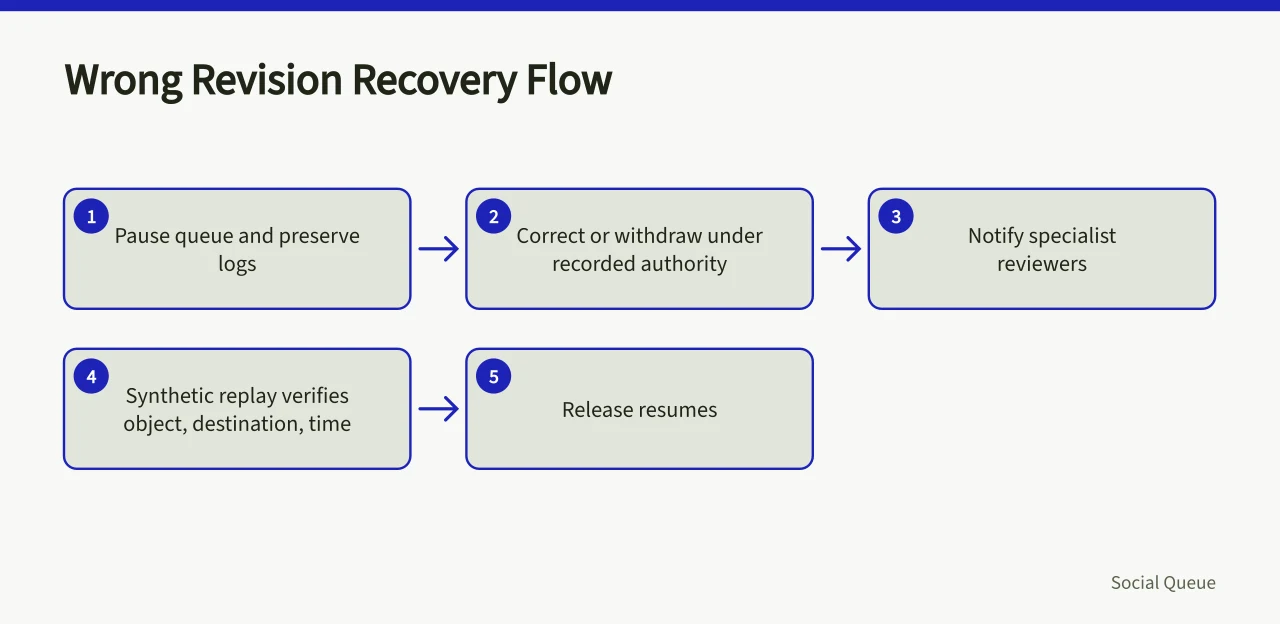 Flow of pausing queue, correcting content, notifying reviewers, verifying replay, resuming release (Five social scheduling failure scenarios, from the wrong revision to a bad AI claim)